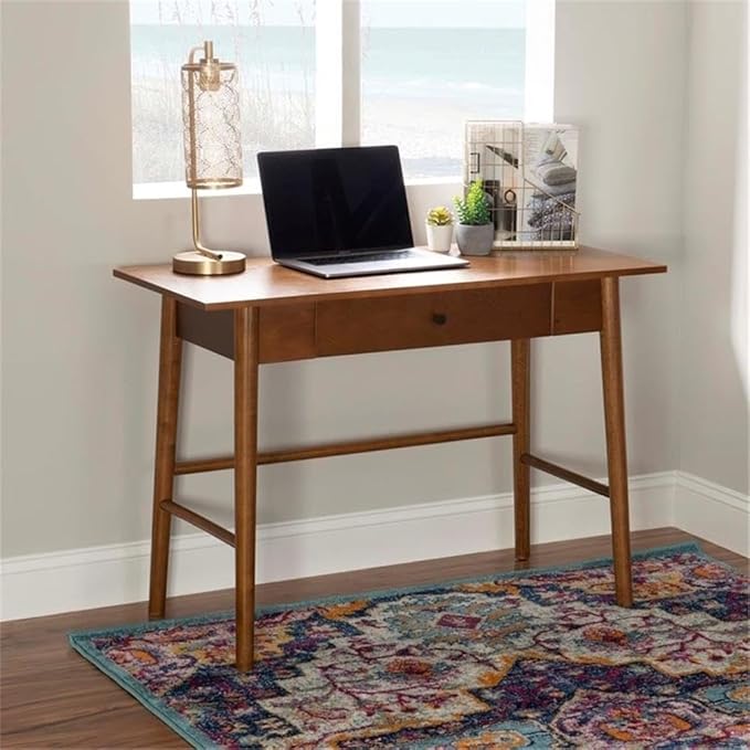 UrbanPro Mid-Century Wood Desk 42 x 19 x 29.63 Warm Walnut Finish 1-Drawer with Rounded Legs Rubberwood and Birch Veneer Modern Home Office Desk for Bedroom Kitchen or Living Room Use