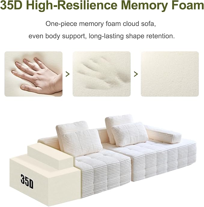 113 Modular Straight-Row Boneless Couch Memory Foam Floor Cloud Sofa with 2 Movable Armrests Plush Corduroy Sectional with Oversized Chaise for Living Room Apartment Lounge Beige