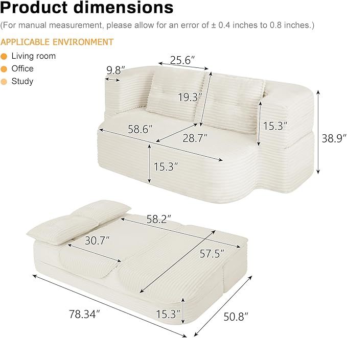 78.4 Convertible Sleeper Sofa Bed Floor Couch Loveseat with Functional Blanket and 2 Soft PillowsCorduroy Fabric Boneless Futon Couch for Living RoomBedroomApartment(Beige)