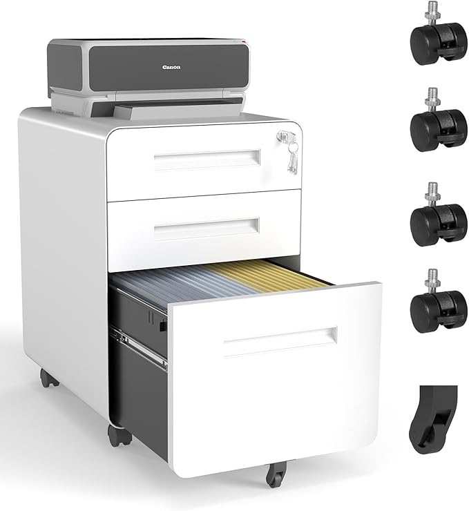 3 Drawer Mobile File Cabinet with LockUnder Desk Metal Filing Cabinets for Home Office Organizer Letters/Legal/A4 Fully Assembled (White+1)