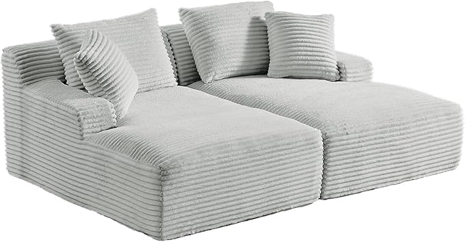 Oversized Double Chaise Lounge Chair IndoorWide Corduroy Boneless Chaise Lounges SofaComfy Upholstered Cloud Couch No Assembly Required Loveseat Sleeper Chair Bed for Living Room(Light Grey)
