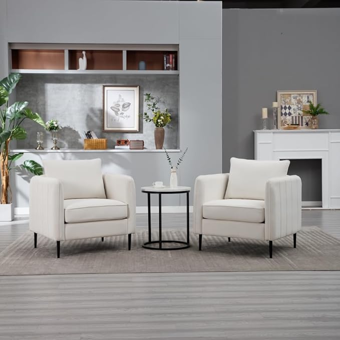 Velvet Accent Chair Mid-Century Modern Armchair with Metal Legs Single Sofa Chair for Living Room Bedroom Office Reading Includes Pillow (Ivory + Steel + Velvet + Wood + 1 Seat + Foam)