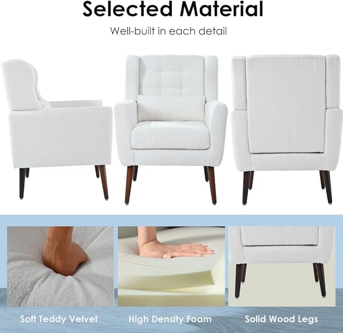 Modern Accent ChairChenille Arm Chairs for Living RoomUpholstered Mordern ArmchairComfy Soft Padded Lounge Chair in Small Space Bedroom w/Pillow Solid Wood Leg (White + Teddy)
