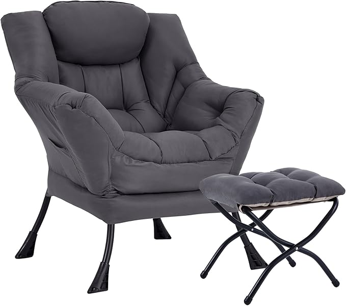 Lazy Chair with Ottoman Large Dark Grey Accent Chair with Ottoman Comfy Reading Armchair Leisure Sofa Chair for Living Room Bedroom Dorm Room Office
