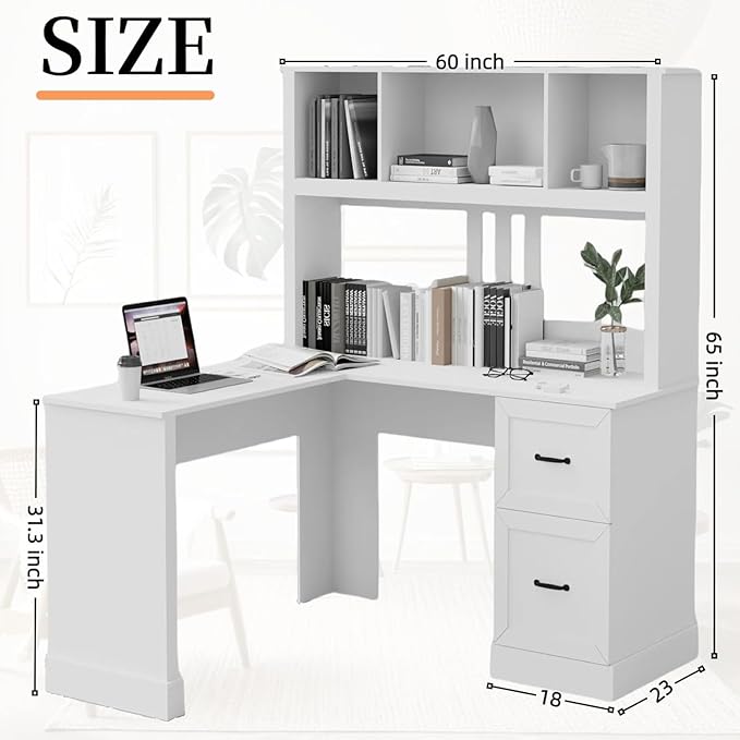 WERSMT Home Office Executive Desks with Drawer Modern Corner Desk with Hutch 60 Large Wood L Shaped Desks with Shelves &amp File Cabinet White