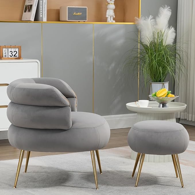 Single Sofa Chair Velvet Accent Chair with Ottoman Round Sofa Chair Modern Barrel Chair with Gold Buckle and Leg for Living Room Bedroom Waiting Room Small Spaces (Gray)