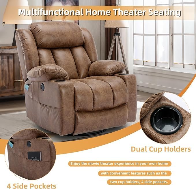 360° Swivel Glider Rocking Recliner Chair Overstuffed Manual Massage Recliner with Heat and Vibration Single Modern Sofa Home Theater Seating for Living Room USB Port/Cup Holders (Brown)
