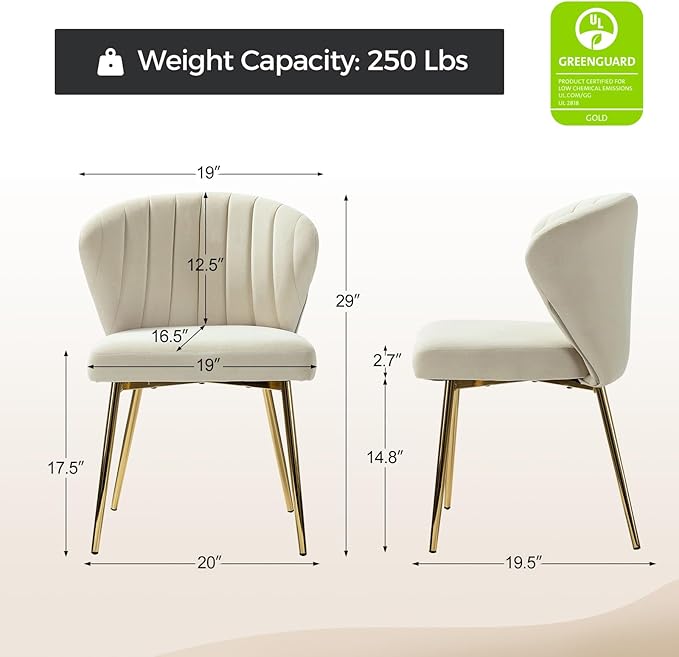 HULALA HOME Dining Chairs Set of 2 Velvet Upholstered Kitchen &amp Dining Room Chairs with Metal Legs Vanity Chair Armless Side Chairs for Living Room Bedroom Restaurant Channel Curved Backrest Tan