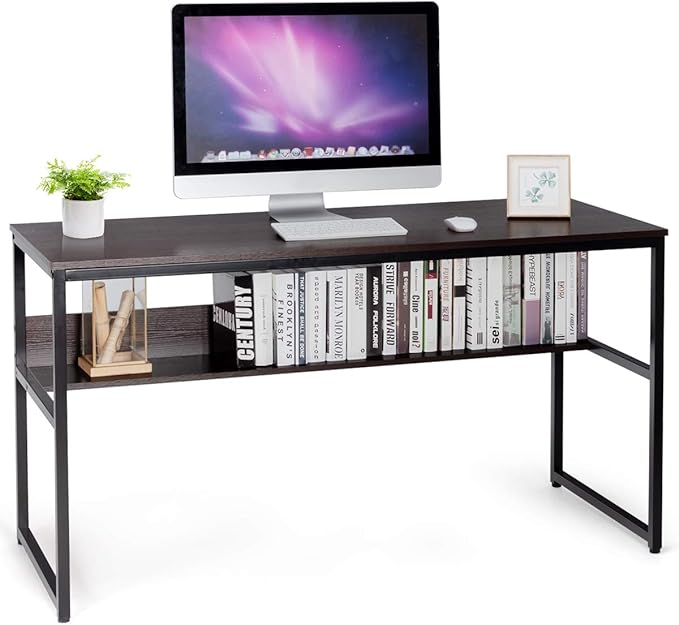 DORTALA 55 Industrial Computer Desk Contemporary Writing Table w/Storage Shelf Large Tabletop Sturdy Metal Structure Adjustable Foot Pads