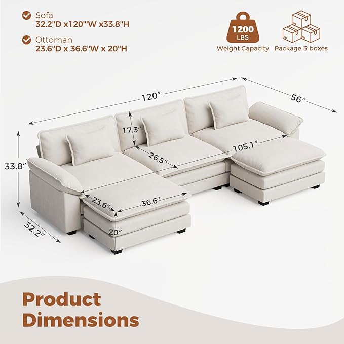 CDCASA 120 Modular Sectional Sofa Comfy U-Shaped Cloud Couch with 2 Movable Ottomans Oversized 5-Seater Velvet Deep Seat Sofa Couch for Living Room DIY Combination Beige