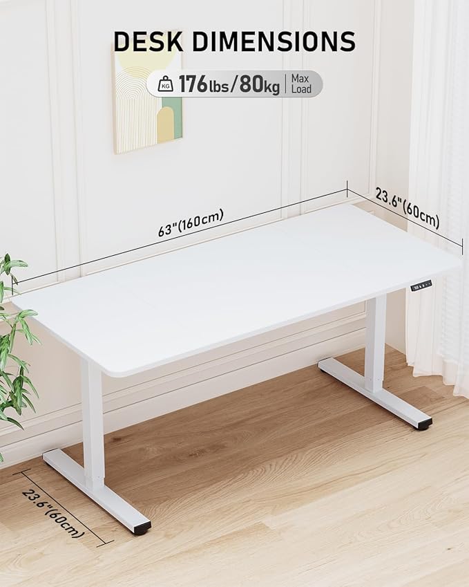 Standing Desk Large Height Adjustable Electric Stand up Desk 63 x 24 Inches Sit Stand Home Office Desk with Splice Board White Frame/White Top