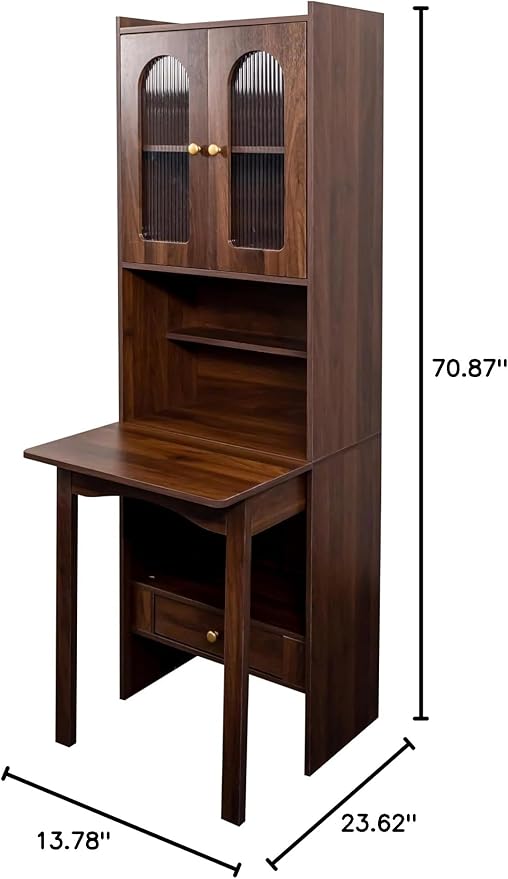 Walnut Folding Desk with Storage - Foldable Convertible Writing Table with Shelves Fold Out Murphy Hideaway Desk with Drawers Space Saving Computer Table Doors for Home Office Workstation