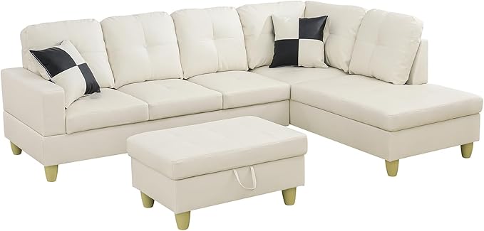 L Shaped Couch Faux Leather Sectional Couch Upholstered 3 Pieces Sofas for Living Room with Chaise Ottoman with Storage for Office and Small Apartment White