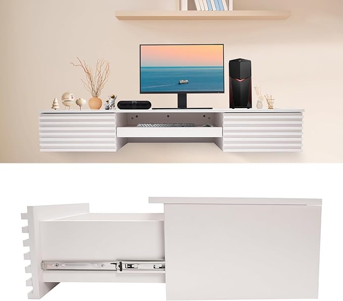 Wall Mounted Desk Floating Computer Desk with 2 Pull Out Drawers Wall Mount Office Desk Wall Mount Table Laptop Computer Writing Study Table for Living Room Bedroom Office (White)