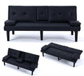Convertible Sleeper Sofa Bed Modern Leather Futon Couch Bed Twin Size 67'' Recliner Reversible Loveseat Folding Couches Guest Bed for Small Spaces Living Room Office Dorm RV 2 Cupholders (Black)