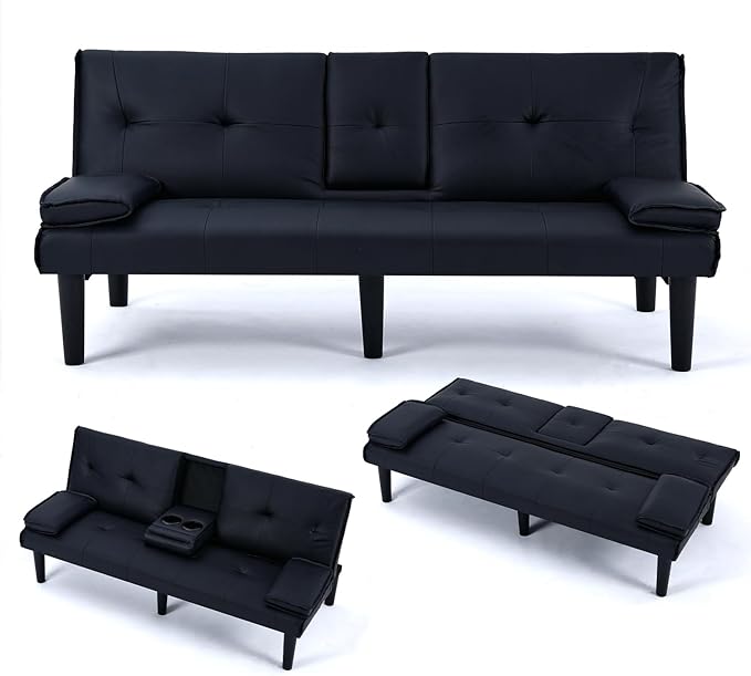 Convertible Sleeper Sofa Bed Modern Leather Futon Couch Bed Twin Size 67'' Recliner Reversible Loveseat Folding Couches Guest Bed for Small Spaces Living Room Office Dorm RV 2 Cupholders (Black)