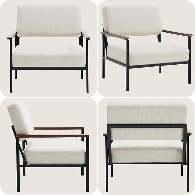 Mid Century Modern Accent Chair Wide Oversized Guest Reception Armchair Linen Fabric Upholstered Comfy Leisure Chair with Black Meta Frame Lounger Chair for Living Room Beige