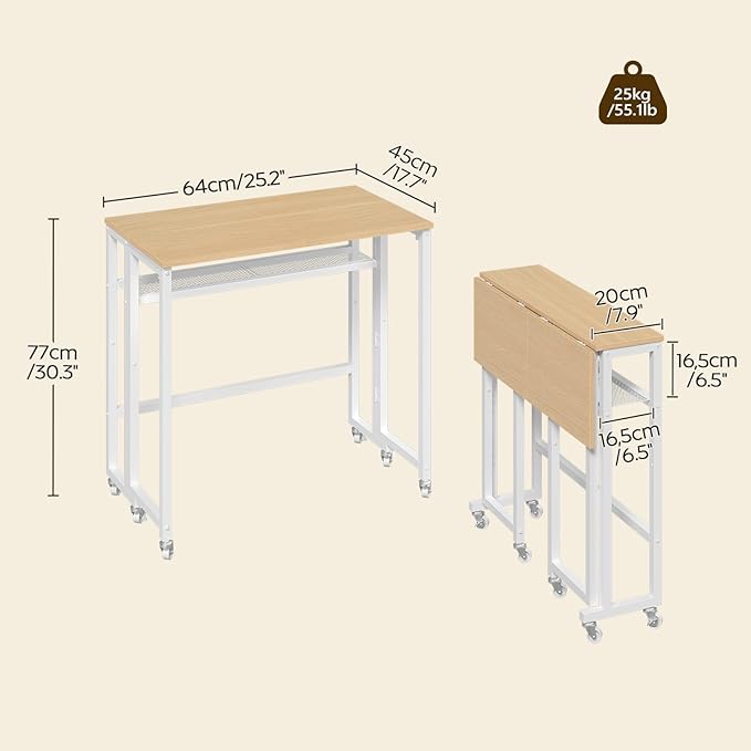 Folding Computer Desk with Storage Shelf 25.2 Rolling Folding Desk with Wheels for Small Spaces Living Room Bedroom Office White and Natural DN08WN