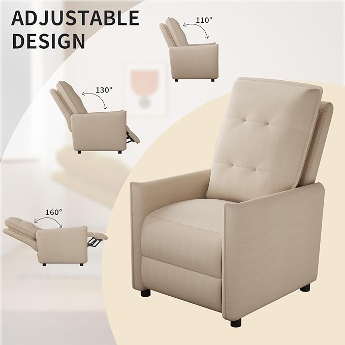 Manual Recliner Chair for Adult Velvet Reclining Chair with Chunky Cushion for Small Space Comfortable Reclining Sofa for Living Room Bedroom Home Theater Easy Assembly (Beige)