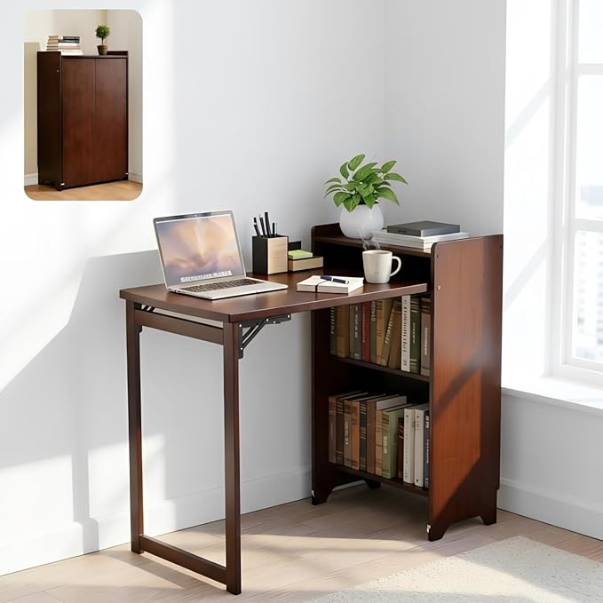 Bamboo Folding Desk with Storage Mid Century Fold Out Table Space Saving Foldable Desk for Small Spaces Multi-Functional Computer Desk for Home Office Bedroom Apartment &amp Dorm