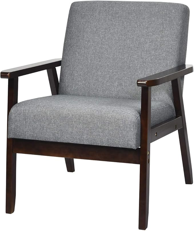 SIMOE Retro Fabric Accent Chair Mid-Century Modern Design Solid Hardwood Made Upholstered Linen Lounge Arm Chair for Living Room 1 Dark Grey