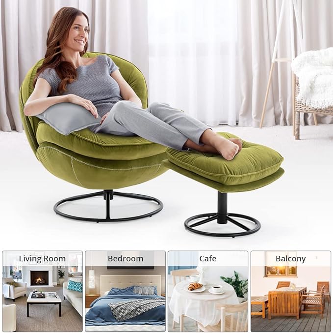 Velvet Swivel Accent Chair with Ottoman Set Modern Lounge Chair with Metal Base Frame &amp Footrest Comfy Single Leisure Sofa Chair Reading Chair with 360 Degree Swiveling for Living Room Fruit Gr