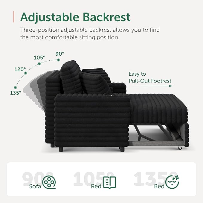 Plush Sofa 52” 3-in-1 Convertible Pull-Out Sofa Bed Sleeper Loveseat with Built-in Cup Holders Reclining Backrest Pet-Friendly for Small Space - Black
