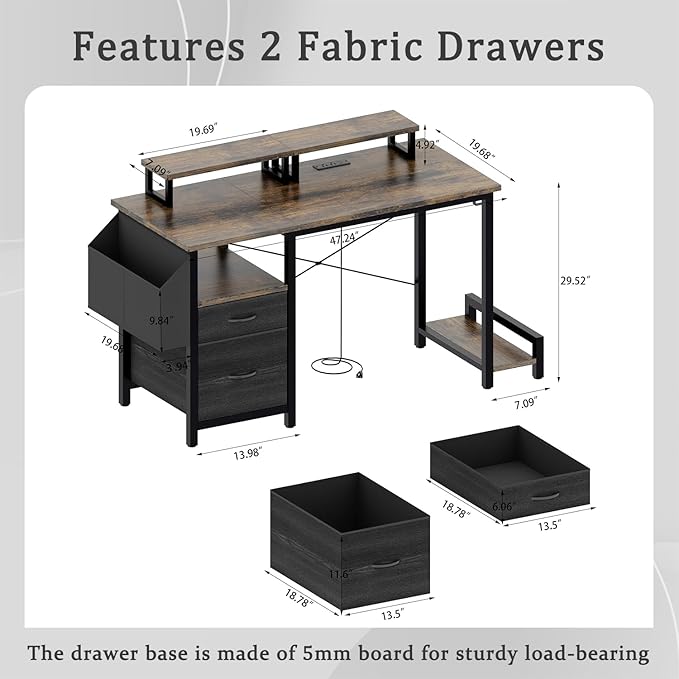 Computer Desk with File Drawers Cabinet 47 Inch Reversible Home Office Desks with Filing CabinetPower Outlet2 Monitor Stands for Small Space Gaming Study Writing Table PC Desks (Brown)