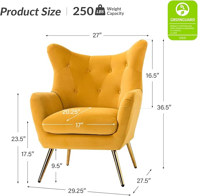 HULALA HOME Velvet Accent Chair Modern Wingback Arm Chair with Metal Gold Legs Velvet Tufted Upholstered Single Sofa Chair for Living Room Bedroom (Mustard)