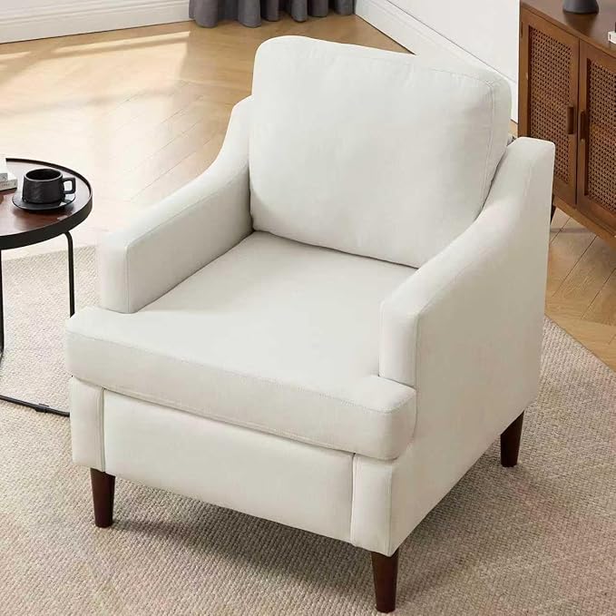 Mid-Century Accent Chair Modern Linen Fabric Armchair for Living RoomComfy Upholstered Reading Chairs for BedroomSingle Sofa Chair with Wood Legs (Linen Beige Set of 1)