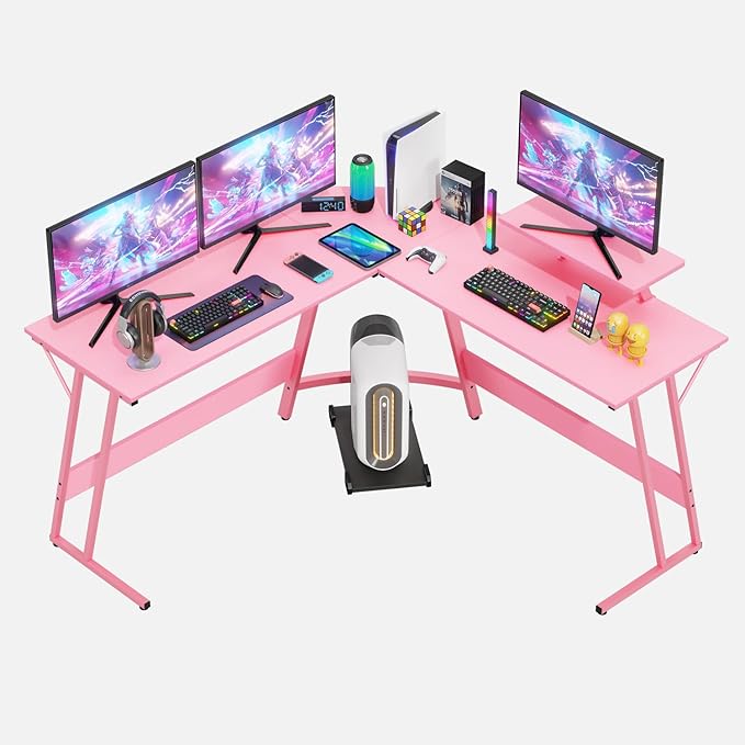 PayLessHere L Shaped Gaming Desk Corner Desk Computer Desk with Large Desktop Studying and Working and Gaming for Home and Work PlacePink