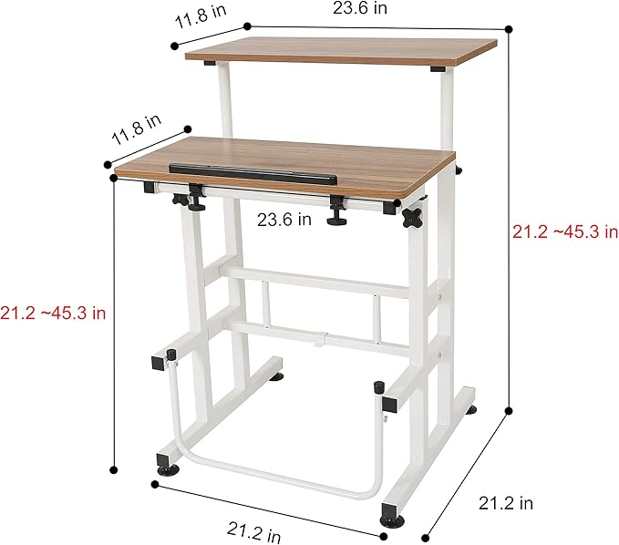 SDADI L101XWFDT Adjustable-Height Steel-Framed Mobile Standing Office Computer Desk with 2 Tiers and Lockable Caster Wheels Dark Grain