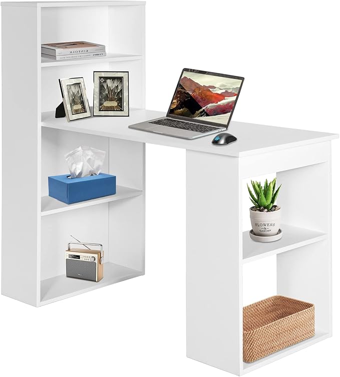 COSTWAY White Computer Desk with Shelves 48” Study Writing Desk with 6-Tier Storage Shelves Reversible Study Workstation w/Wide Base for Home Office &amp Dorm Easy Assembly