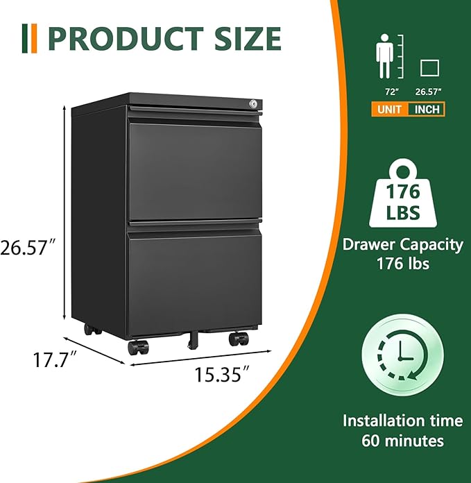 File Cabinet 2 Drawers on Wheels Under Desk Black Metal Rolling File Cabinets with Lock for Home Office Un-Assembled Filing Cabinet with Lock (2 Drawer Black)