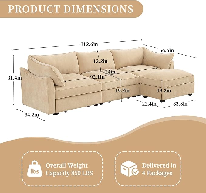 Rovibek 112” L Shaped Couch with Storage Chenille Sofas for Living Room Sectional Couch with Pull Out Drawer &amp Throw Pillows &amp Storage Ottoman Wheat