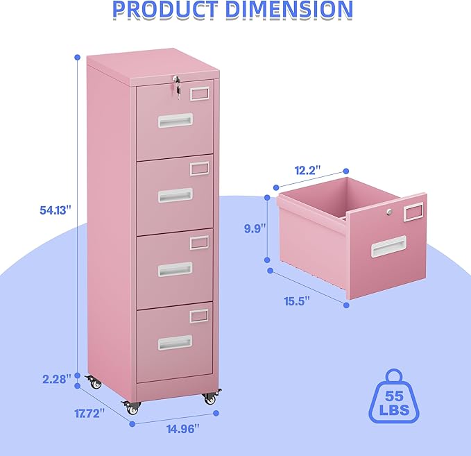METAN 4 Drawer File Cabinet on Wheels Lockable Metal Filing Cabinet with Handle and Name Card for Office HomeAssembly RequiredPink