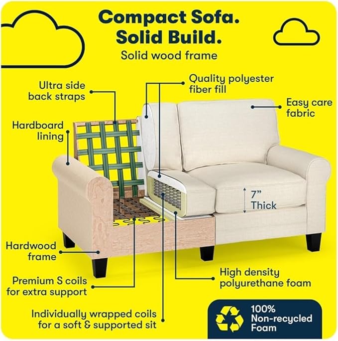 BOWERY HILL 61 Rolled Arm Loveseat Sofa Buttercream Polyester Fabric Compact Space-Saving Design Removable Covers High-Density Foam Cushions Sturdy Solid Wood Ideal for Living Room or Office