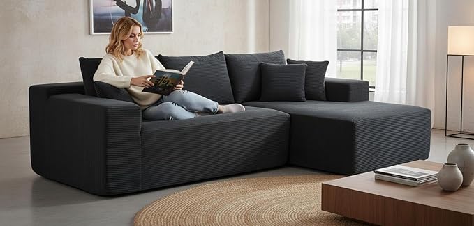 Ridge 2-Piece Convertible Corduroy L-Shaped Sofa in a Box with Pillows 3-Seater Modular Sectional Couch Compressed Living Room Furniture Black (Right Facing)