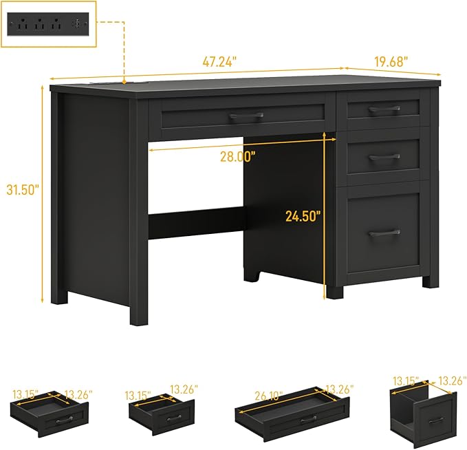 Vabches Farmhouse 47 Executive Desk Computer Desk with File Drawer and Charging Station Workstation for Home Office Study(Pure Black