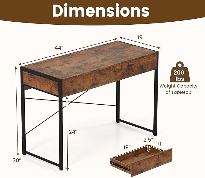 GOFLAME Modern 2-Drawer Computer Desk Home Office Desk w/Reinforced Heavy-Duty Metal Frame Versatile Study Writing Desk w/Anti-Tip Kit Ideal for Study Office Small Spaces (Rustic Brown)