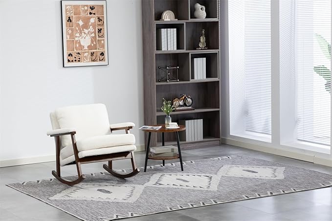 ZeHuoGe Mid Century Modern Accent Chair Rocking Chair with Wood Frame Upholstered Living Room Chairs Reading Armchair for Bedroom Sunroom (Antique White)
