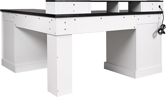 59 Fluted L-Shaped Desk with Charging Station &amp Storage Cabinet Modern Computer Desk with Monitor Stand File Drawer and Removable Support Shelf for Study Home Office White