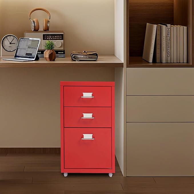 File Cabinet 3 Drawer Filing Cabinet with Wheels Metal Under Desk Storage Cabinet for Home Office Commercial Hanging File Folders Organizer for Letter/A4 Size(Red)