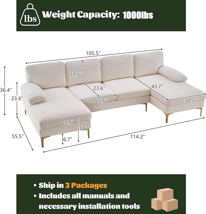 VERYKE Modern U Shape Sectional Sofa Couch 110'' Linen Fabric Sectional Couch Sofa Upholstered Sofa Bed with Metal Legs for Living Room Home Office