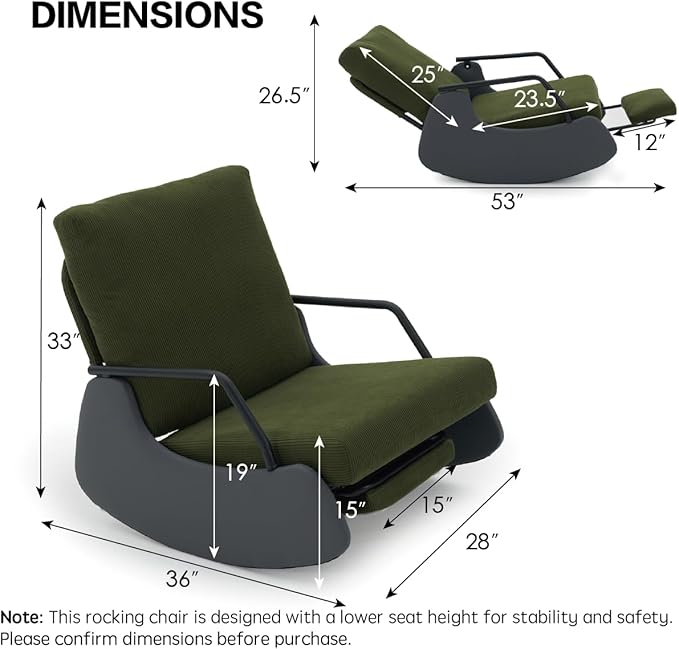 Rocking Recliner Chair for Adults Upholstered Plush Seating Glider Rocker with High Backrest Reading Chair Modern Nursery Accent Sofa Chairs Glider for Living Room (Grey/Green)