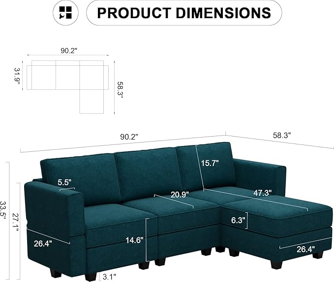 Belffin Small Sectional Sofa Modular L Shaped Couch 3 Seater Sectional Couch Convertible Chaise Ottoman with Storage Peacock Blue
