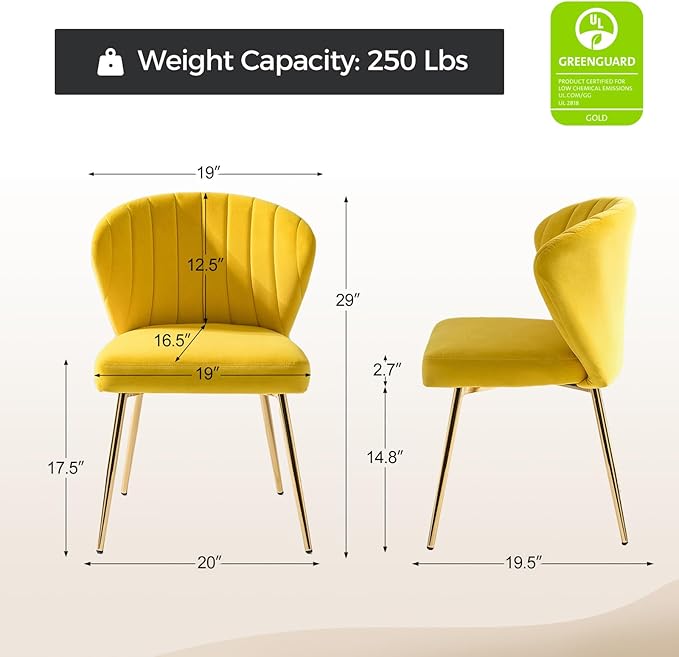 HULALA HOME Velvet Dining Chairs Modern Small Armless Accent Chair with Gold Metal Legs Living Room Upholstered Cute Side Chair Elegant Tufted Back Vanity Chair-Yellow