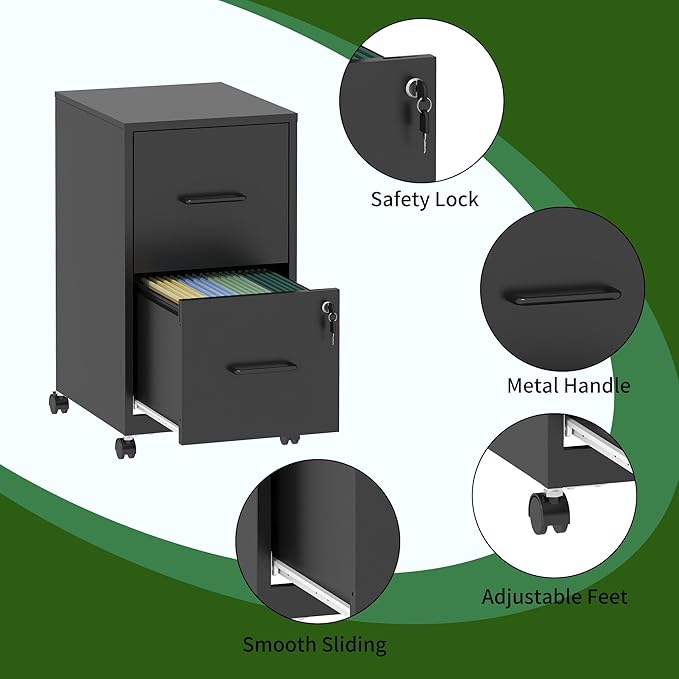 2 Drawer Mobile File Cabinet Metal Under Desk Filing Cabinet with Lock and Wheels Home Office Rolling File Cabinet for Legal/Letter Hanging File Folders Un-Assembled Black