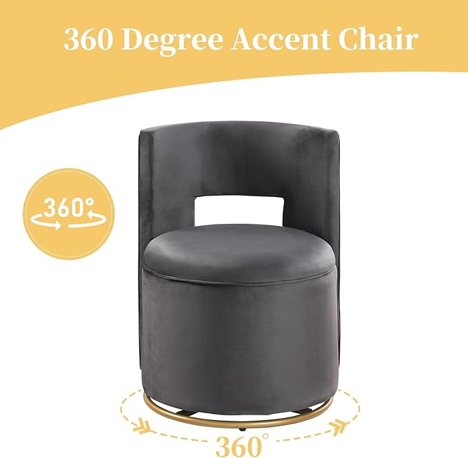 360° Swivel Accent Chair Velvet Chair with Storage Function Curved Chair with Gold Metal Base Accent Chair for Living Room Bedroom Home OfficeApartment-Grey