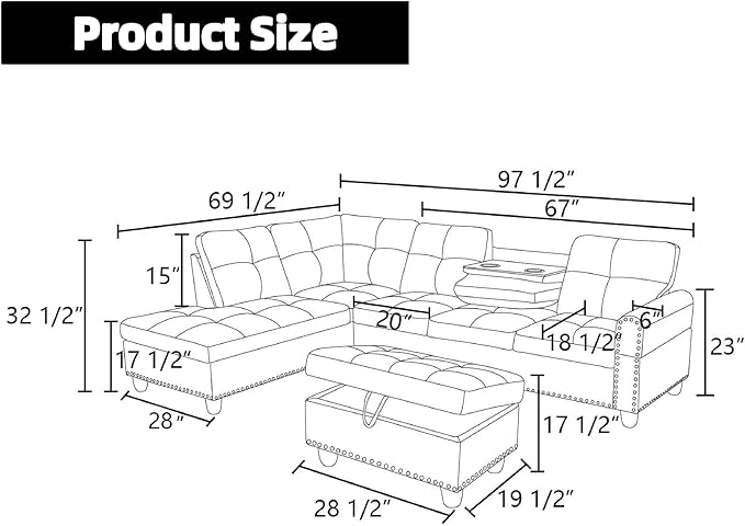 Sectional Couches for Living Room Furniture 4 Seat L Shaped Couches with Ottoman Modular Sectional Sofa for Apartment Furniture Sets Grey